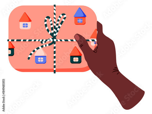 Hand with gift. Holding present box, holiday package in festive paper wrapping, tied with ribbon, bow. Christmas surprise. Vector illustration