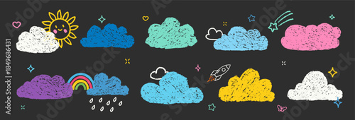 Crayon Clouds Bubbles Vector Set. Chalk Scribble Foggy Shapes Collection. Black Hand Drawn Brush Texture Star, Sun, Cloud, Rain Pencil Emphasis Elements. Charcoal Doodle Sky Balloons Bundle. Isolated