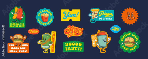 Groovy Burger Retro Character Stickers Set. Cartoon Hamburger, Taco, Coffee, Pizza and Beer. Vector Street Food Mascot Templates Patches Collection. Vintage Fast Food Illustrations Isolated