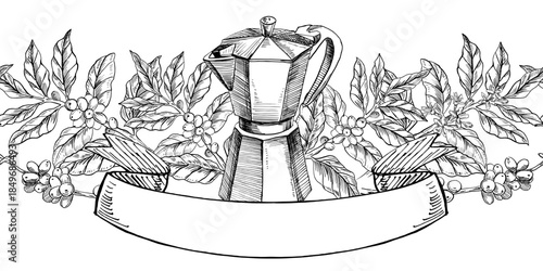 A seamless border featuring a geyser coffee maker, a sign, and coffee branches. Vector illustration for cafe and restaurant interiors, menus, packaging, and product branding.