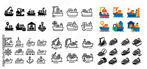 Colorful and black ship icon set collection