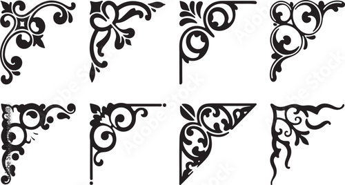 Set of Eight Ornate Black Filigree Corner Border Designs