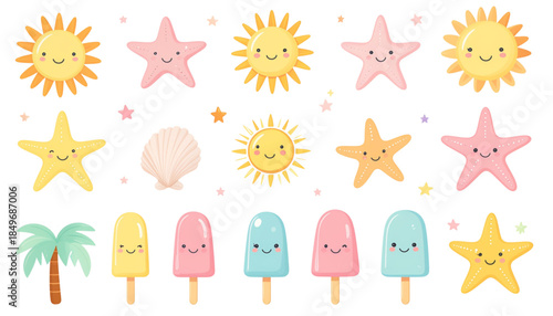Cute summer-themed illustrations featuring smiling suns, stars, popsicles, and palm trees in soft pastel colors