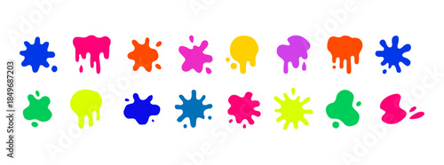 Color ink blots vector set with colorful paint splatters, drips, and organic splashes, featuring bright playful abstract graffiti spots for kids art, comics, pop art, and creative designs.