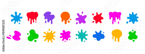 Color ink blots vector set with colorful paint splatters, drips, and organic splashes, featuring bright playful abstract graffiti spots for kids art, comics, pop art, and creative designs.
