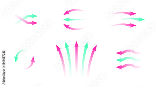 Air flow arrows vector icon set with blue cold wind streams, fresh water direction, and filter or air conditioner system infographic elements, transparent motion and rotation symbols.