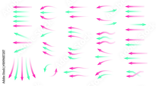 Air flow arrows vector icon set with blue cold wind streams, fresh water direction, and filter or air conditioner system infographic elements, transparent motion and rotation symbols.