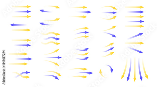 Air flow arrows vector icon set with blue cold wind streams, fresh water direction, and filter or air conditioner system infographic elements, transparent motion and rotation symbols.