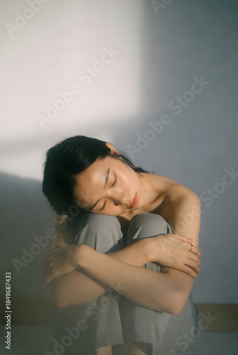 sad young woman sitting on the floor