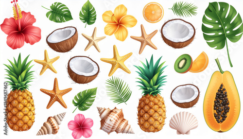 Colorful tropical summer flat lay with pineapples, coconuts, palm leaves, flowers, sunglasses, and beach accessories