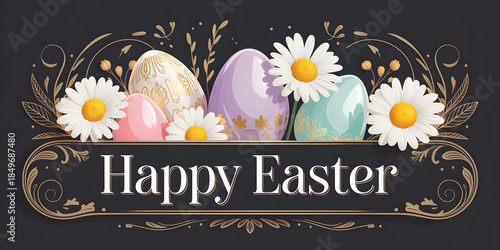 Easter celebration with colorful eggs and flowers