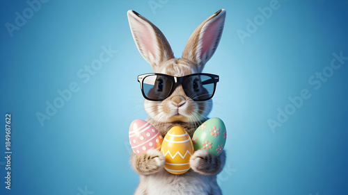 Easter bunny wearing sunglasses holding pastel easter eggs
