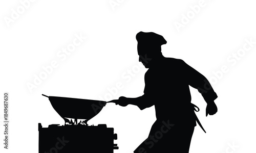Chef preparing dish over stove isolated on white background