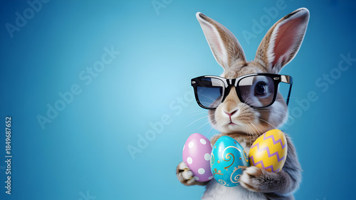 Fashionable easter bunny with sunglasses and colorful eggs
