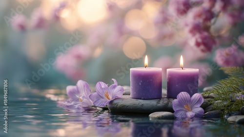 Tranquil spa composition with glowing purple candles, spring flowers, and zen stones on water. Relaxing wellness background with soft bokeh.