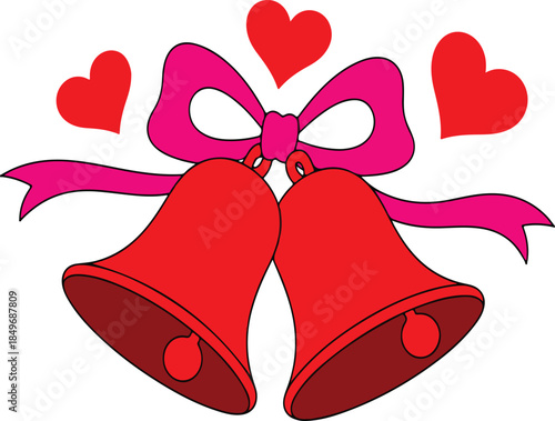 Pair of Red Wedding Bells with Pink Ribbon and Floating Hearts