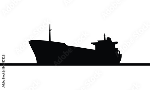 Silhouette of a cargo ship at sea isolated on white background