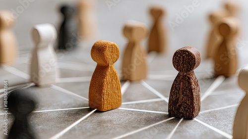 Wooden figures connected with lines illustrating business and networking concept