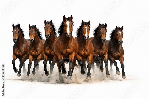 Seven Brown Horses Running Together on White Background – Power, Freedom and Teamwork Concept Ai Genreted 