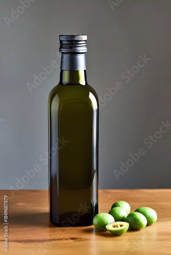 bottle of olive oil and olives healthy food concept