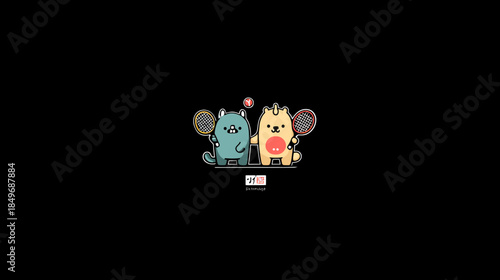 Cute cartoon animals playing tennis together with rackets and a ball on a black background, a playful sport illustration