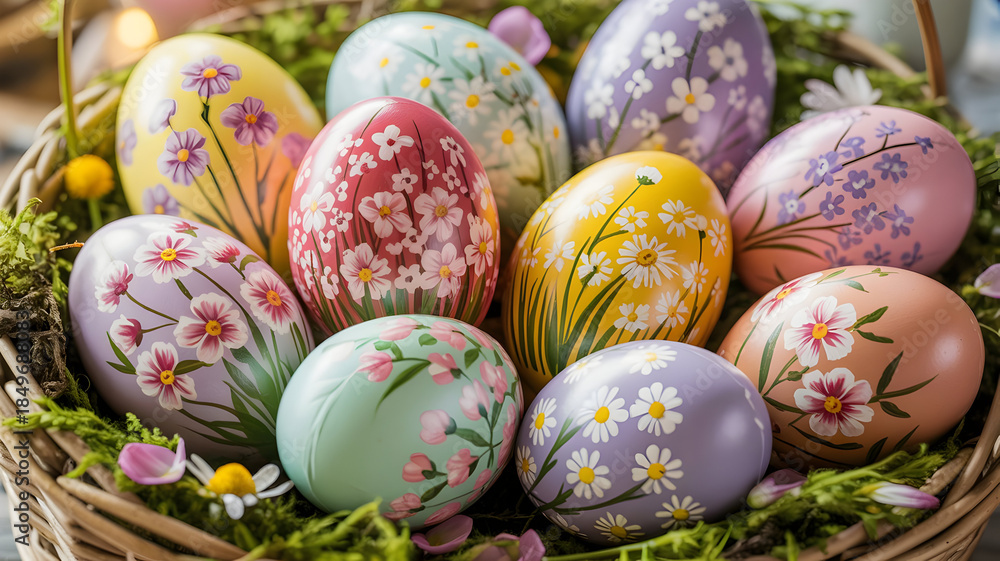 Fototapeta premium Vibrant easter eggs in a woven basket with floral patterns