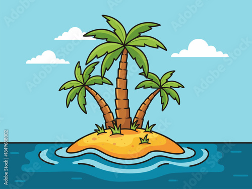 Vector illustration of a tropical island with palm trees, blue ocean, and clouds. A summer paradise scene for vacation designs