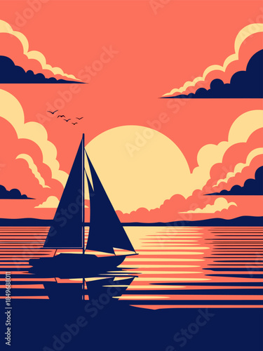 Artistic vector illustration of a sailboat cruising tranquil waters at sunset. Stylized clouds and a radiant sun create a breathtaking, serene maritime journey
