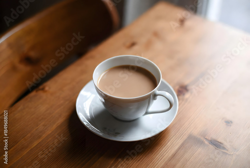 cup of tea on the woden table