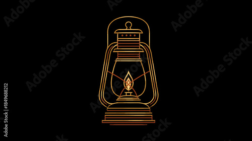 Glowing golden outline illustration of a vintage oil lantern with a flickering flame, isolated on a deep black background