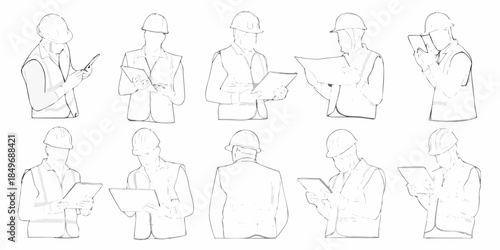 Line art illustration of construction workers in various poses and attire