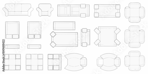A collection of furniture top down outlines including sofas chairs and ottomans