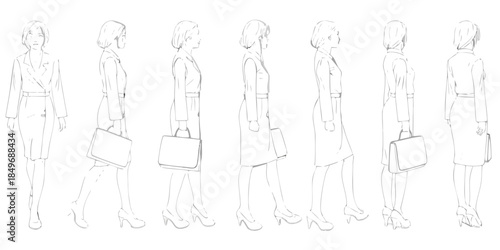 Fashion design sketch of women in business attire showcasing various poses
