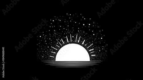 Abstract minimalist black and white cosmic sunrise or sunset over water. Geometric horizon with radiating sun and starry sky graphic.