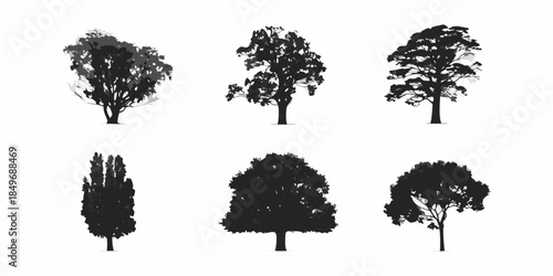 A collection of diverse tree silhouettes against a clean white background