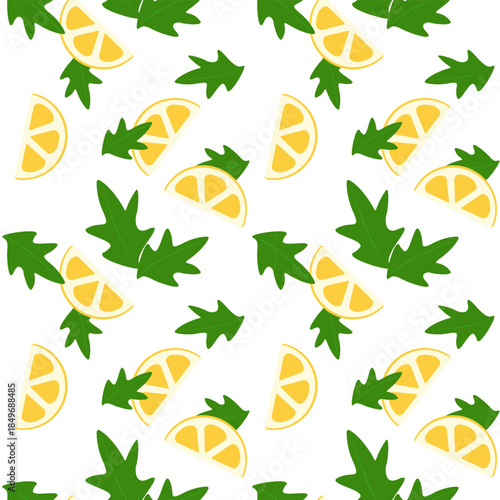 Arugula leaves and juicy lemon slices on white background, healthy vegetarian pattern.