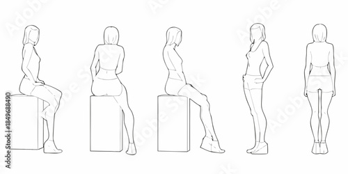 Fashion figure sketches depicting a woman in various poses and viewpoints