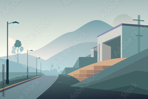 Foggy Mountain Road with Modern Buildings and Streetlights vector illustration