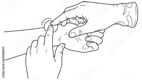 Vector line art illustration of a doctor checking the pulse rate on a patient wrist for vital sign monitoring