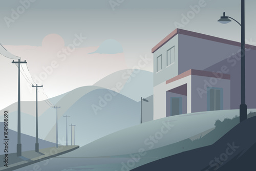 Misty Mountain Landscape with Houses and Power Lines vector illustration