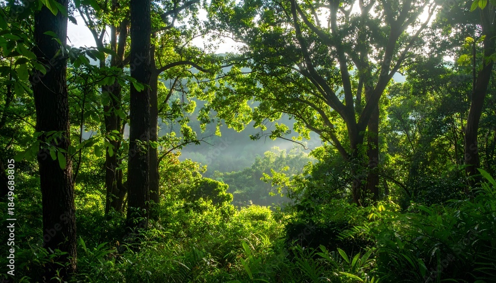 Obraz premium Serene green forest with layers of vibrant trees and gentle morning mist. Natural landscape symbolizing eco-friendly living, sustainability, environmental protection, climate awareness, and harmony.