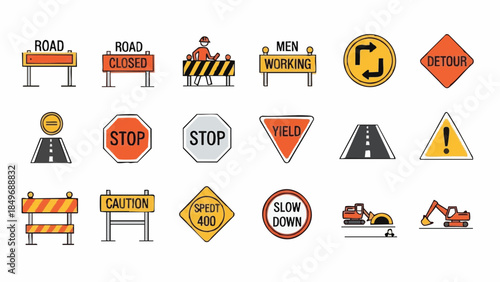 roadwork construction warning signs set.