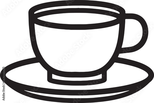 A single isolated white ceramic coffee cup and tea mug with a saucer, containing a hot espresso beverage or caffeine drink for breakfast at a cafe, presented as a black vector object on a plate