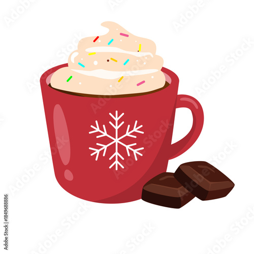 Hot chocolate with whipped cream in red mug. Can be used for sticker, wallpaper, and winter theme illustration