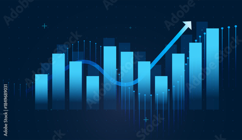 A bright blue arrow climbs over digital bars, symbolizing strong online business growth. Gradient columns form a futuristic chart, reflecting data‑driven decision‑making