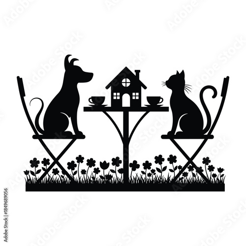 Dog and cat enjoying tea time in a garden setting