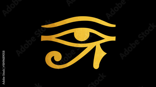 Golden Eye of Horus (Wadjet Eye) on black background, ancient Egyptian symbol of protection, health, and royal power.
