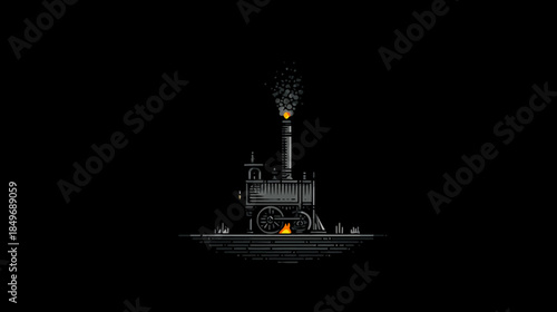 Pixel art steam locomotive illustration on dark background, vintage industrial engine with smoke and fire