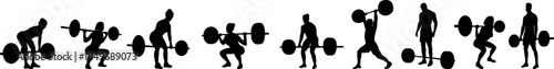 Silhouette of a man training with a barbell, set, vector