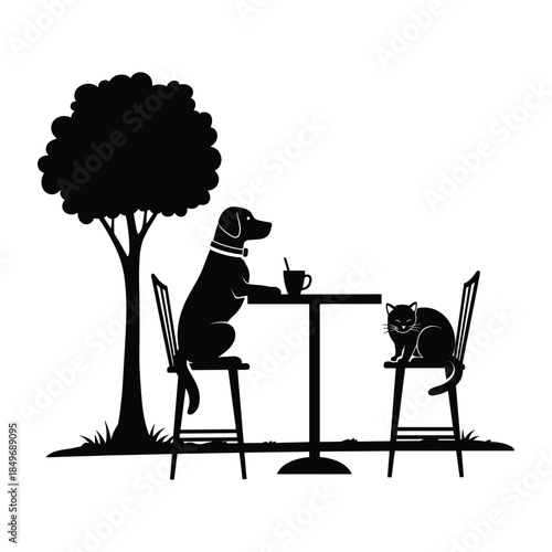 Dog and cat enjoying a coffee break under a tree